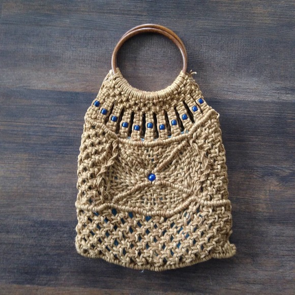Vintage Macrame Tote Bag with Blue Wood Beads & Wood Handles - Picture 2 of 9